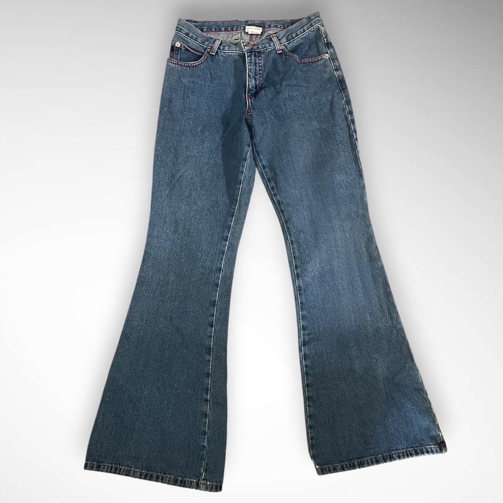 PLAYBOY‎ Medium Wash Wide Leg Flare Jeans With Pink Logo Embroidery Size 7 | EUC